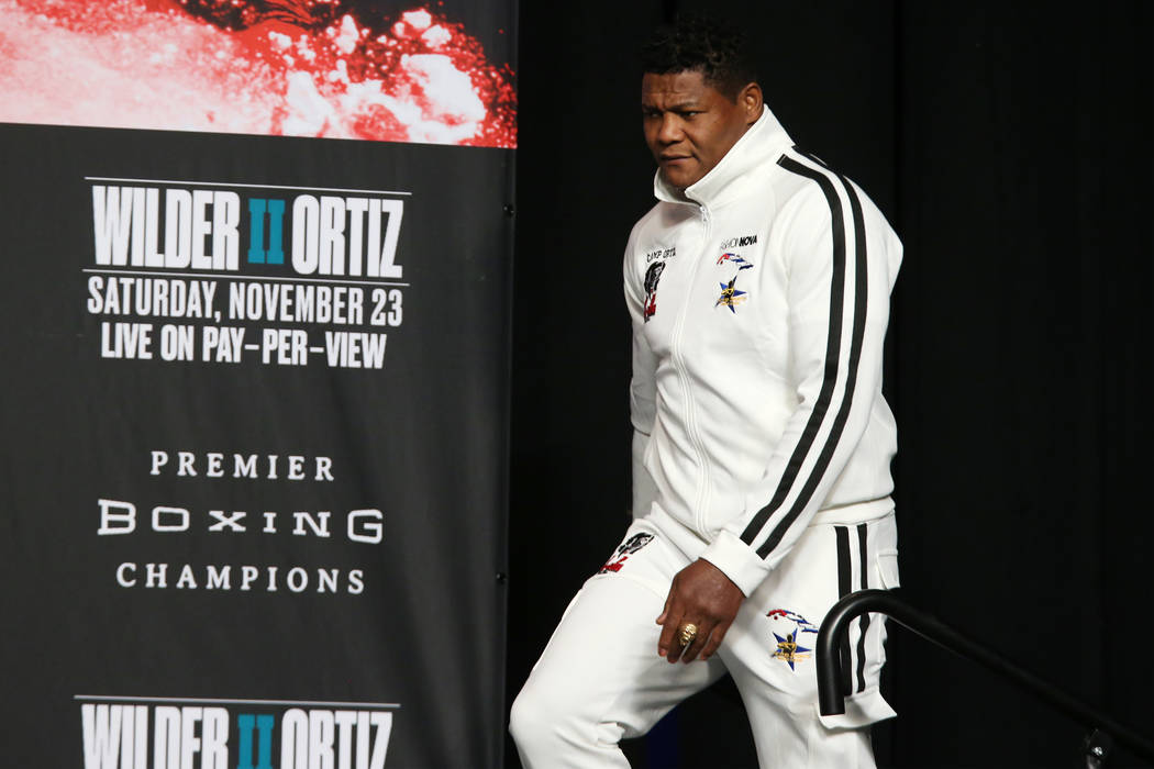 Luis Ortiz takes the stage for a press conference at the MGM Grand Garden Arena in Las Vegas, W ...