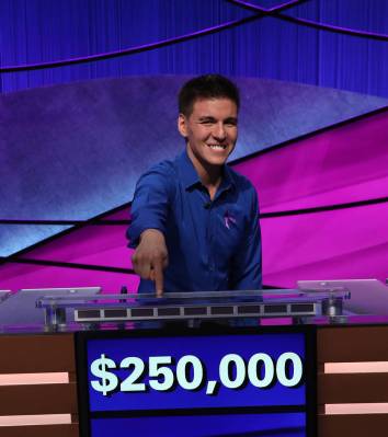 Las Vegan James Holzhauer celebrates after winning the “Jeopardy!” Tournament of Champions. ...