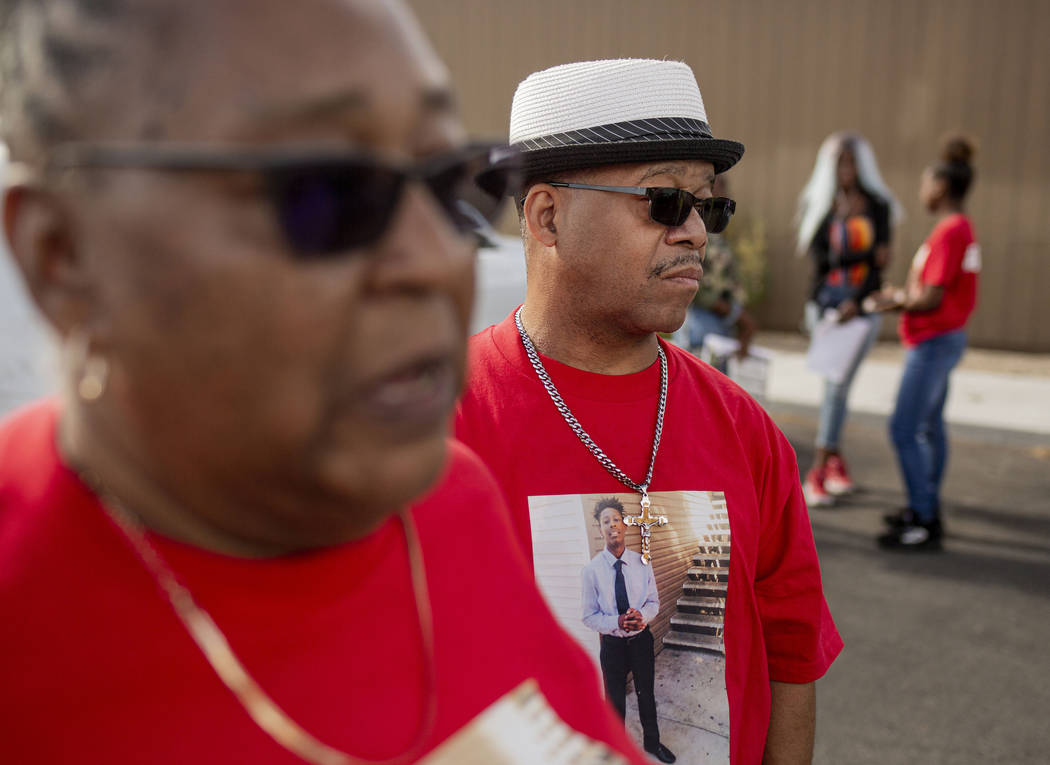 Sheilah Johnson, left, and Julius McCoy, grandparents of homicide victim Jaejuan Williams, give ...