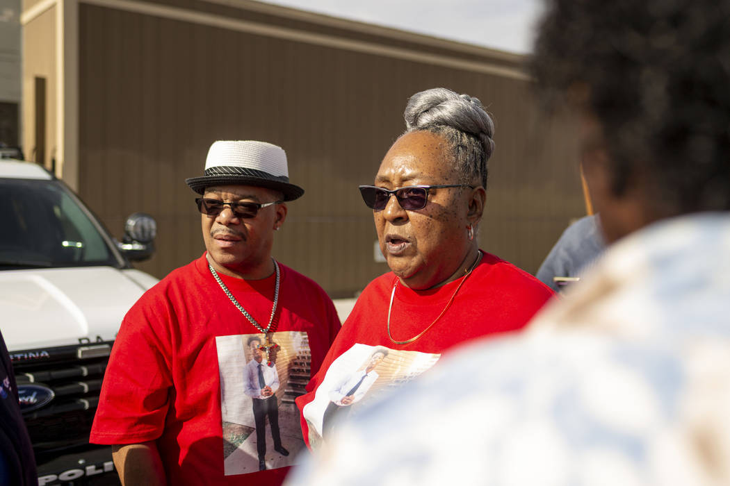 Julius McCoy, left, and Sheilah Johnson, grandparents of homicide victim Jaejuan Williams, give ...