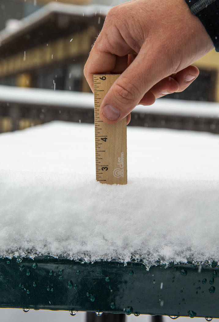 Media Specialist TJ Ropelato measures the recent snowfall currently at 2 1/2 inches about the L ...