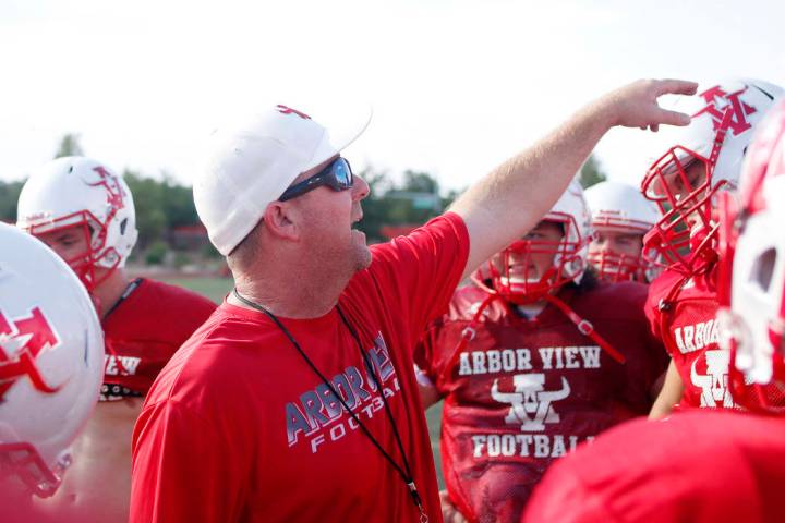 Arbor View varsity football head coach Matt Gerber during practice at Arbor View High School in ...