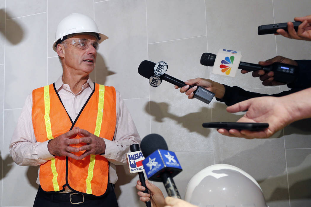 Baseball Commissioner Rob Manfred speaks to the media during a tour of the under construction n ...