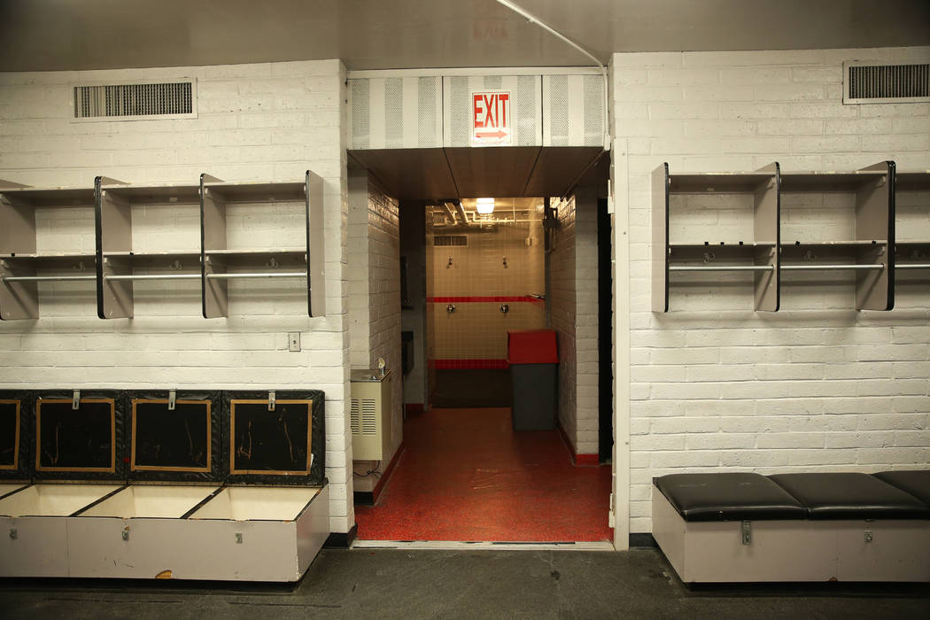 A player locker room at Sam Boyd Stadium in Las Vegas, Thursday, Nov. 21, 2019. (Erik Verduzco/ ...