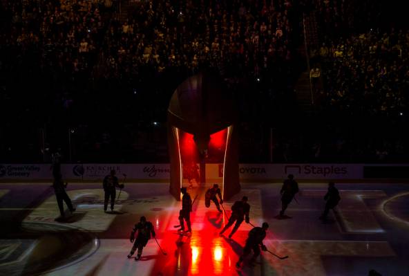 The Vegas Golden Knights take the ice before their NHL hockey game with the San Jose Sharks on ...