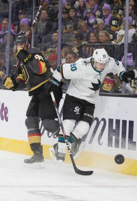 Vegas Golden Knights left wing Tomas Nosek (92) collides with San Jose Sharks left wing Marcus ...