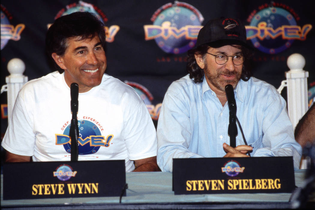 Steve Wynn and Steven Spielberg answer questions during a media preview of the restaurant Dive! ...