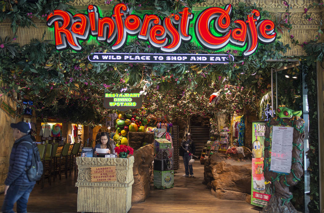 The entrance of the Rainforest Cafe on the Las Vegas Strip, Friday Nov. 15, 2019. (Elizabeth Pa ...