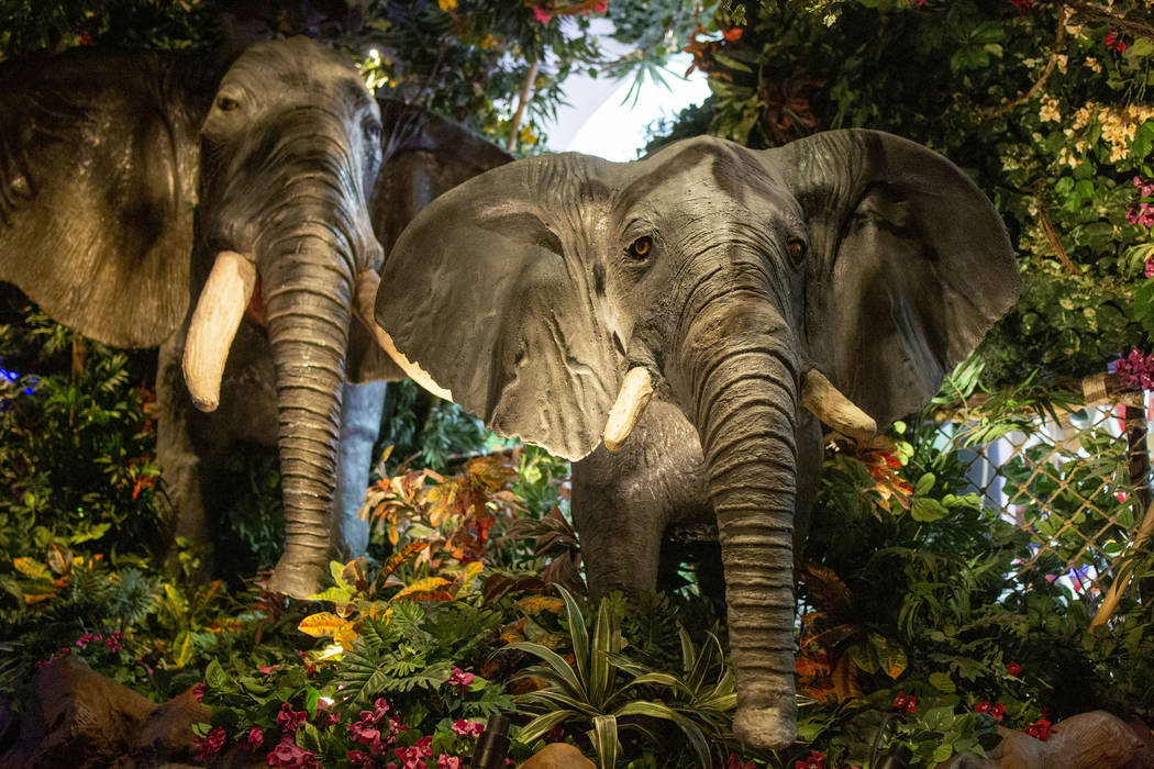 Mechanical elephants act as decoration in the Rainforest Cafe on the Las Vegas Strip, Friday No ...