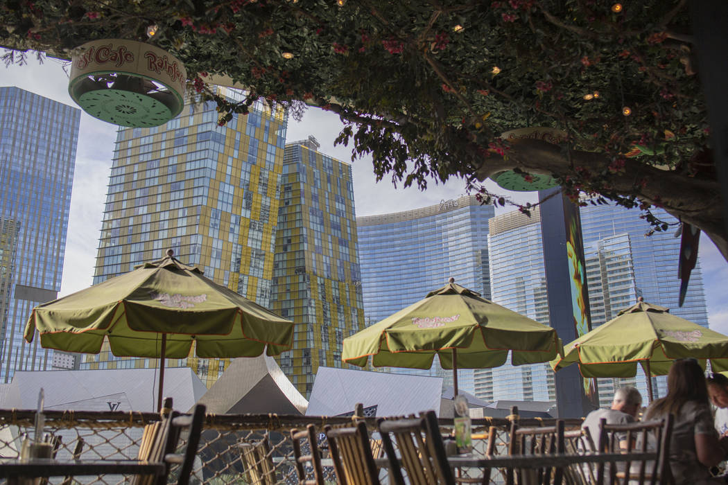 The patio of the Rainforest Cafe views the Las Vegas Strip on Friday Nov. 15, 2019. (Elizabeth ...