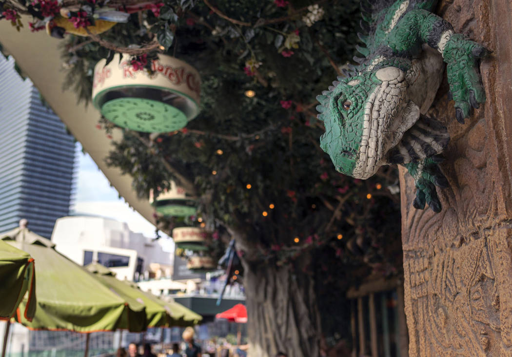 The patio of the Rainforest Cafe views the Las Vegas Strip on Friday Nov. 15, 2019. (Elizabeth ...