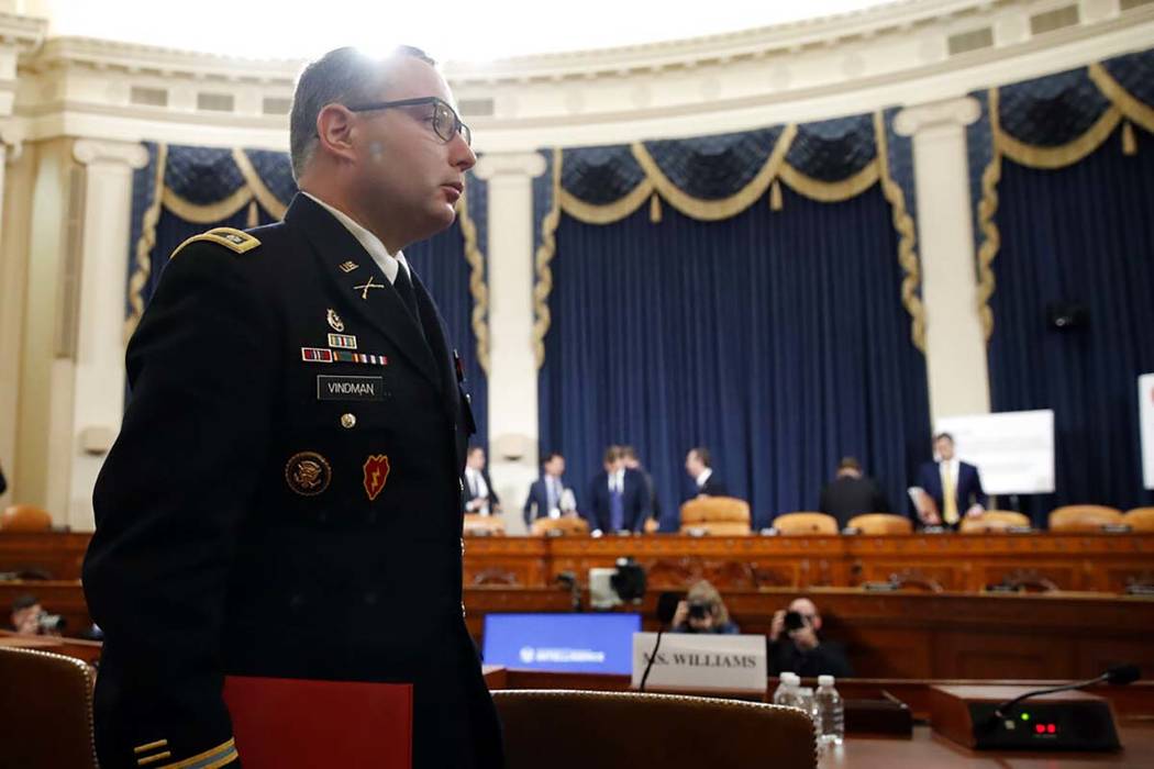 National Security Council aide Lt. Col. Alexander Vindman departs after testifying before the H ...