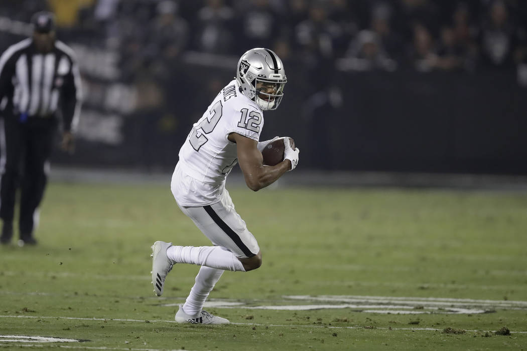Oakland Raiders wide receiver Zay Jones (12) runs against the Los Angeles Chargers during the f ...