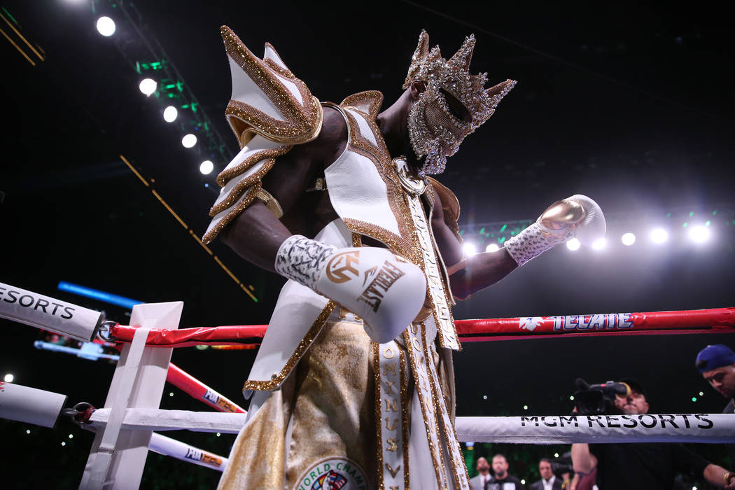 Deontay Wilder takes the ring for the WBC heavyweight title bout against Luis Ortiz at the MGM ...