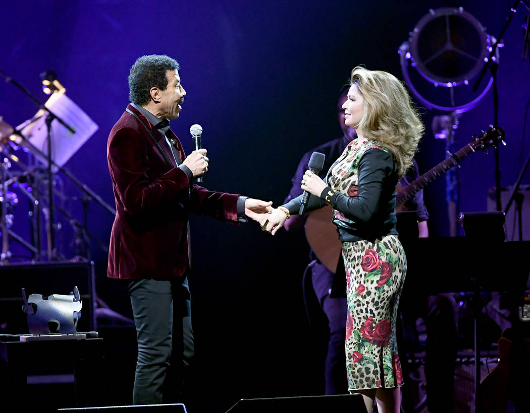 Lionel Richie (L) and Shania Twain speak during the 23rd annual Keep Memory Alive 'Power of Lov ...