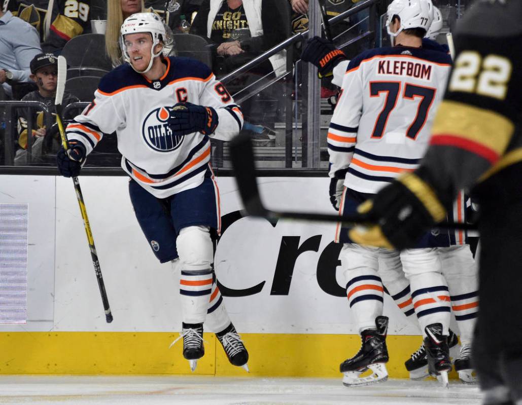 Edmonton Oilers center Connor McDavid (97) celebrates his goal against the Vegas Golden Knights ...