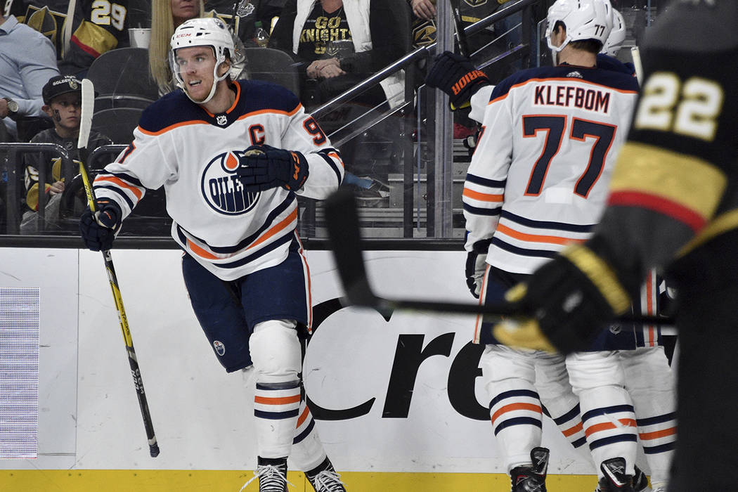 Edmonton Oilers center Connor McDavid (97) celebrates his goal against the Vegas Golden Knights ...