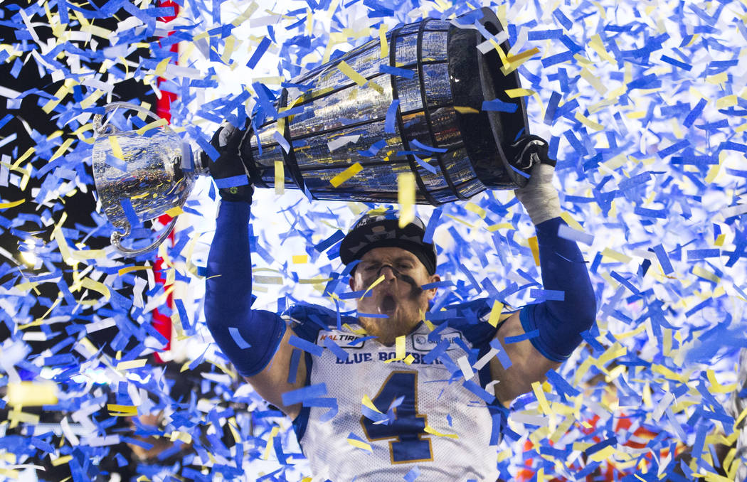 Winnipeg Blue Bombers' Adam Bighill celebrates winning the 107th Grey Cup against the Hamilton ...