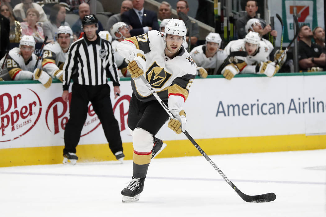 Vegas Golden Knights defenseman Shea Theodore makes a pass in the second period of an NHL hocke ...