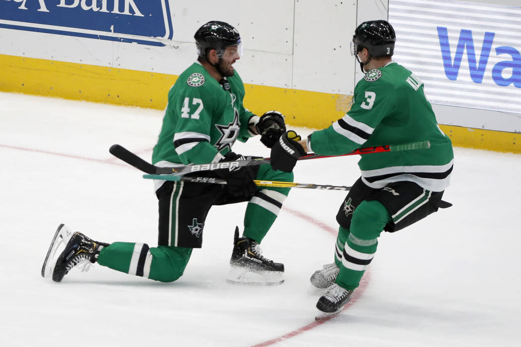 Dallas Stars right wing Alexander Radulov (47) celebrates scoring a goal with defenseman John K ...