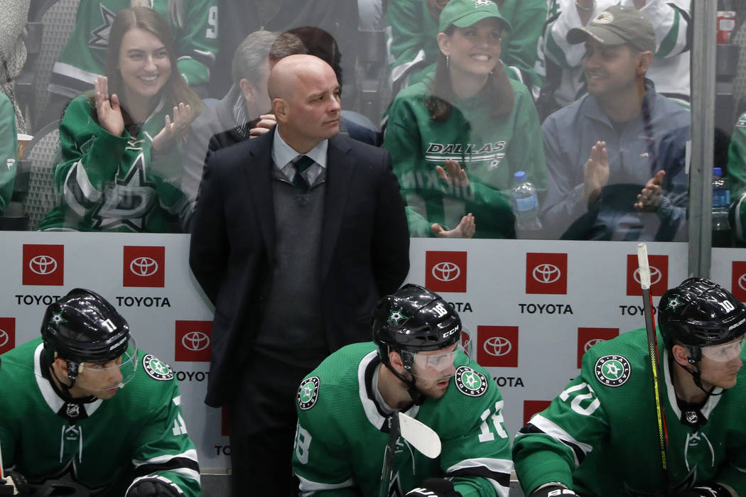 Dallas Stars head coach Jim Montgomery, Andrew Cogliano (11), Jason Dickinson (18) and Corey Pe ...