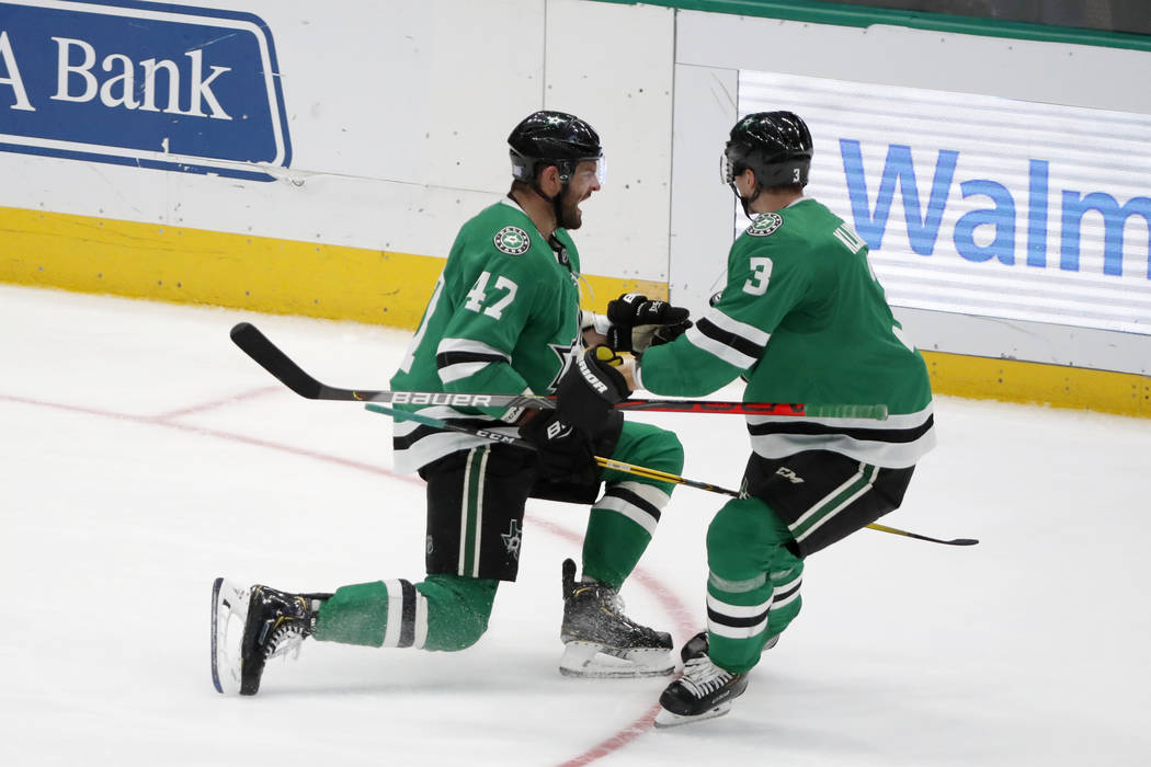 Dallas Stars right wing Alexander Radulov (47) celebrates scoring a goal with defenseman John K ...