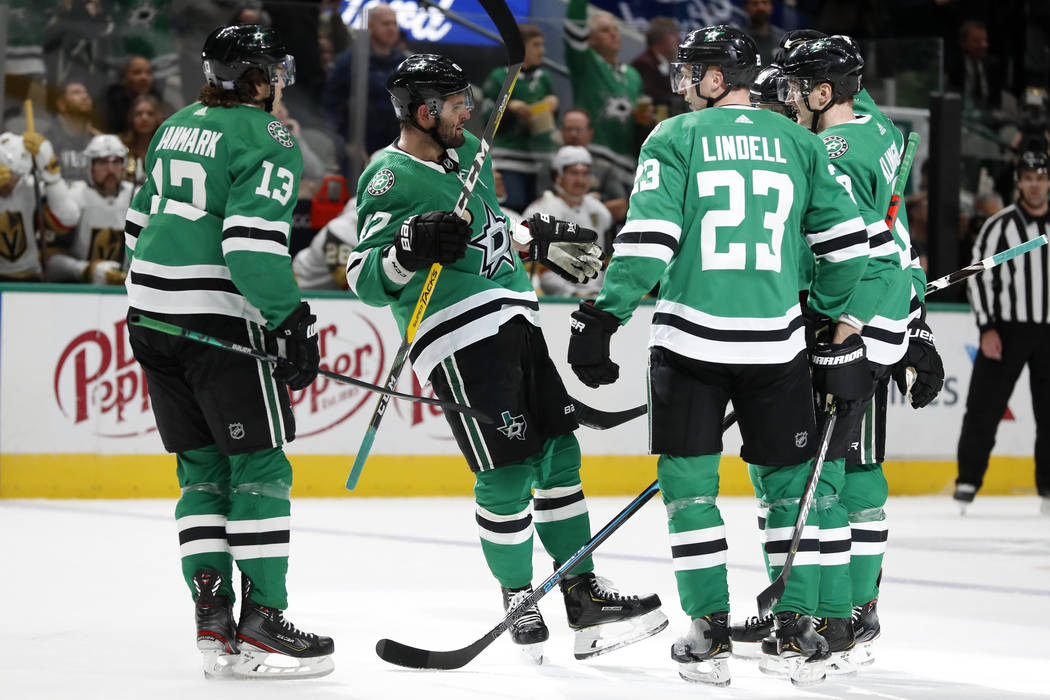 Dallas Stars' Mattias Janmark (13), Alexander Radulov (47) and Esa Lindell (23) celebrate with ...