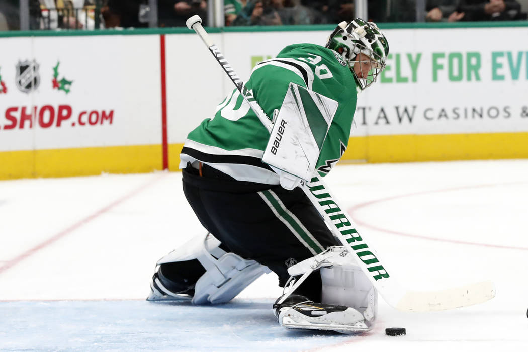 Dallas Stars goaltender Ben Bishop blocks a shot from the Vegas Golden Knights in the second pe ...