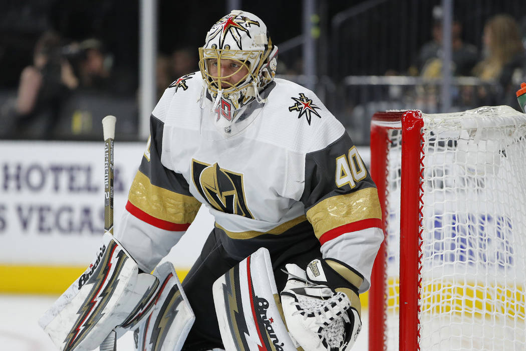 Vegas Golden Knights goaltender Garret Sparks (40) plays against the Colorado Avalanche during ...