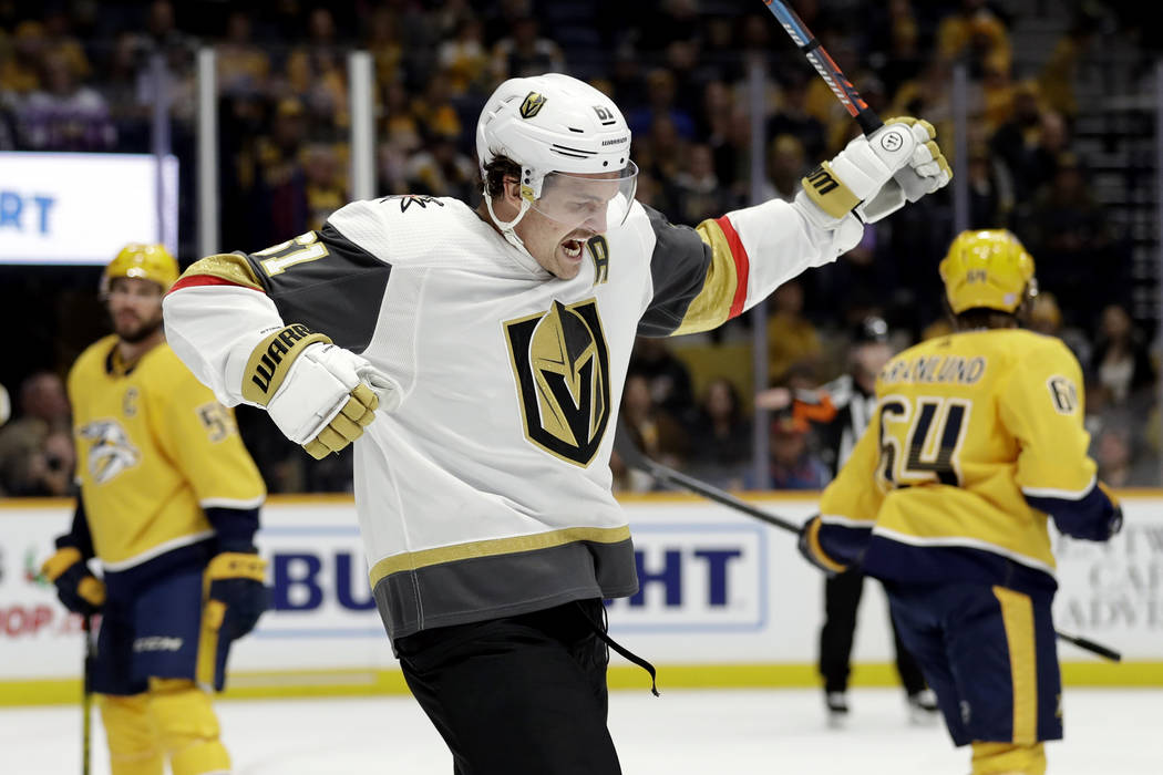 Vegas Golden Knights right wing Mark Stone (61) celebrates after scoring a goal against the Nas ...