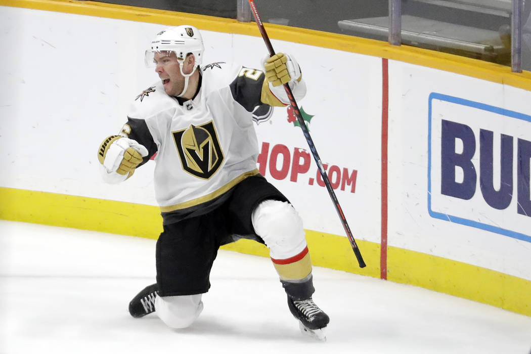 Vegas Golden Knights center Paul Stastny (26) celebrates after scoring the winning goal in over ...