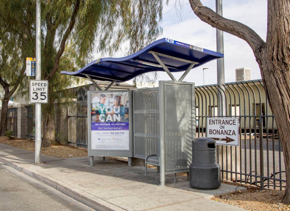 A city bus stop on the northeast corner of Martin Luther King Boulevard and Bonanza Road, where ...