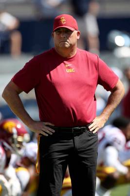 Southern California head coach Clay Helton watches his players warm up before a NCAA college fo ...