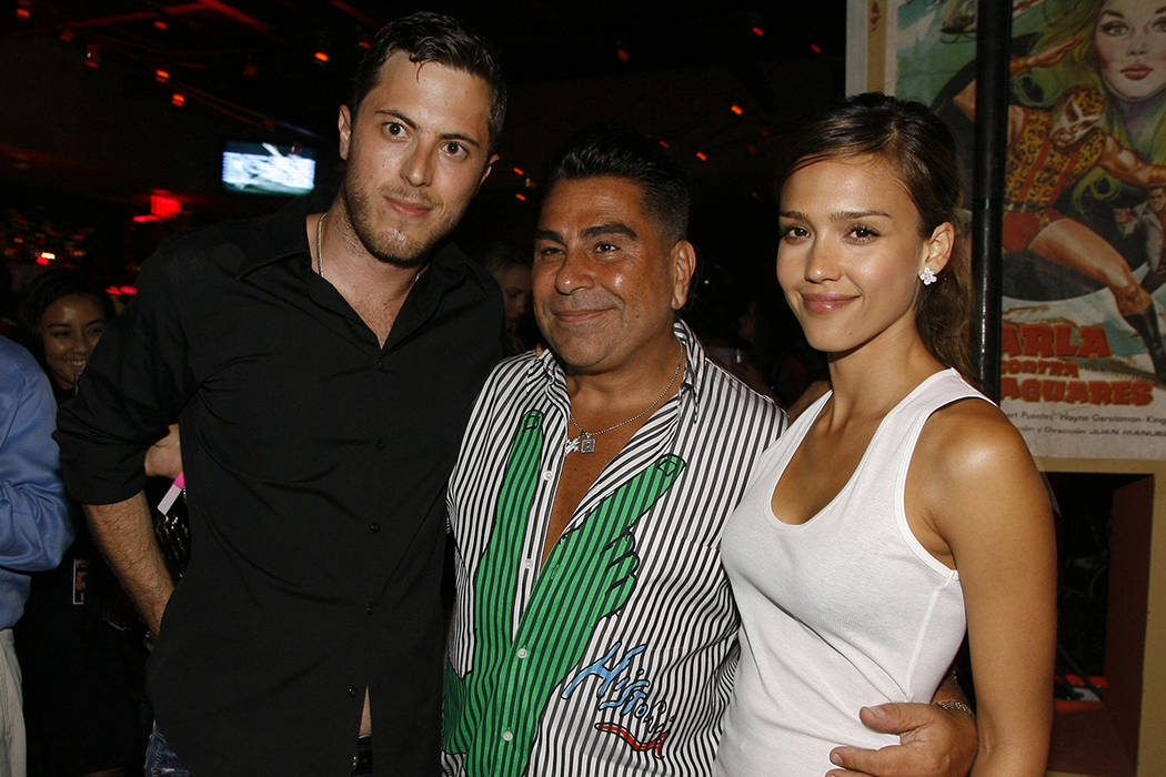 Harry Morton, left, Luis Barajas, center, founder of Flaunt magazine, and Jessica Alba are seen ...