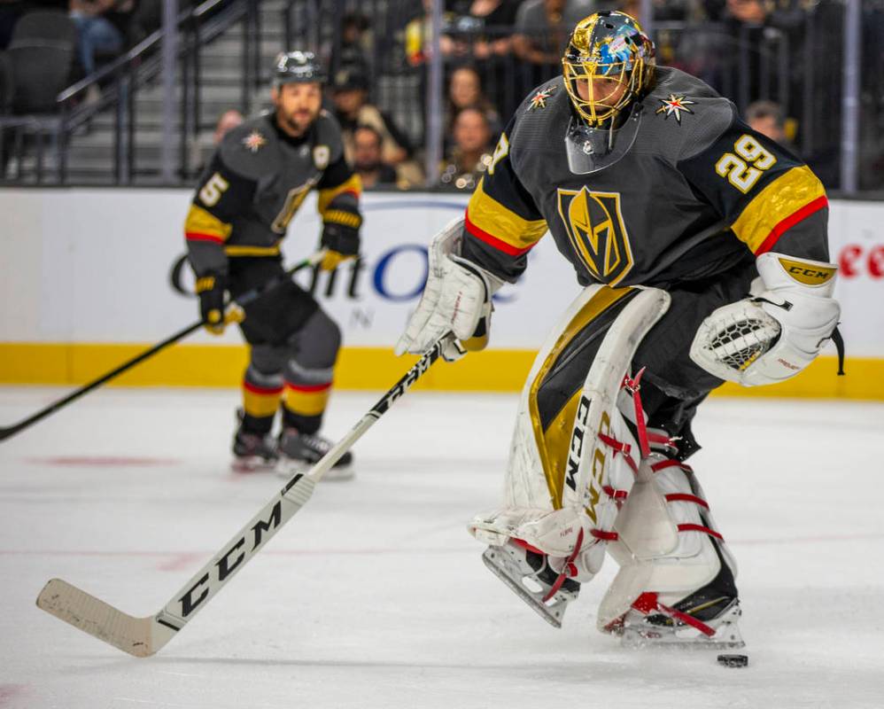 Vegas Golden Knights goaltender Marc-Andre Fleury (29) kicks away a puck versus the Calgary Fla ...