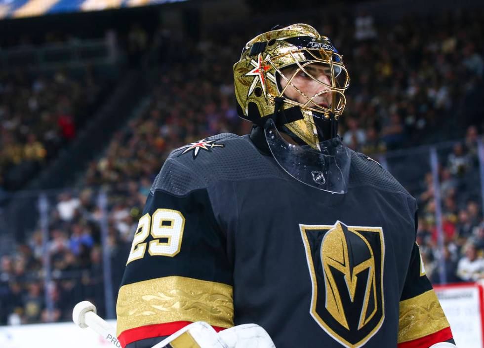 Golden Knights goaltender Marc-Andre Fleury (29) looks on during the second period of an NHL se ...