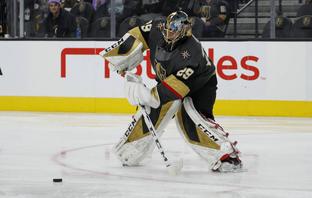 Vegas Golden Knights goaltender Marc-Andre Fleury (29) plays against the San Jose Sharks in an ...