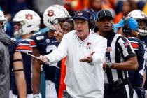 Auburn head coach Gus Malzahn reacts to a call during the second half of an NCAA college footba ...