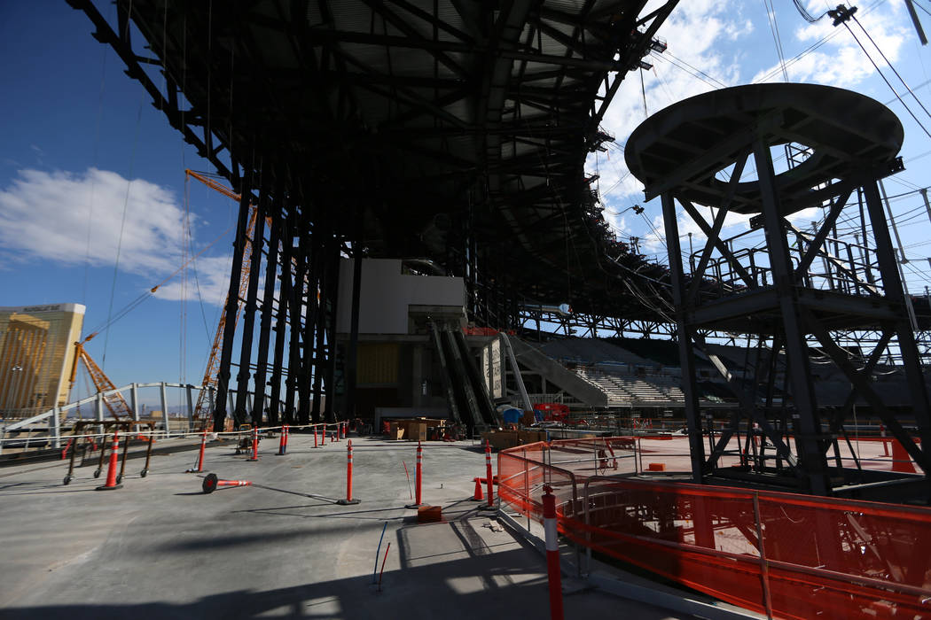 Contruction of the Al Davis memorial torch at the Raiders Allegiant Stadium site in Las Vegas, ...