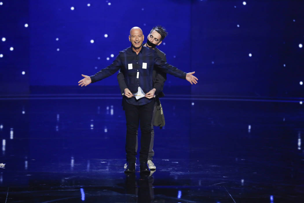 Howie Mandel, left, and Sam Wills as Tape Face on "America's Got Talent." (Vivian Zink/NBC)