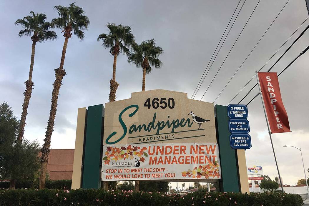A sign for the Sandpiper apartment complex in Las Vegas is seen Thursday, Nov. 21, 2019. (Eli S ...