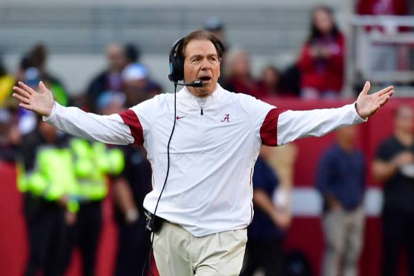 Alabama head coach Nick Saban reacts on the sidelines in the first half of an NCAA college foot ...