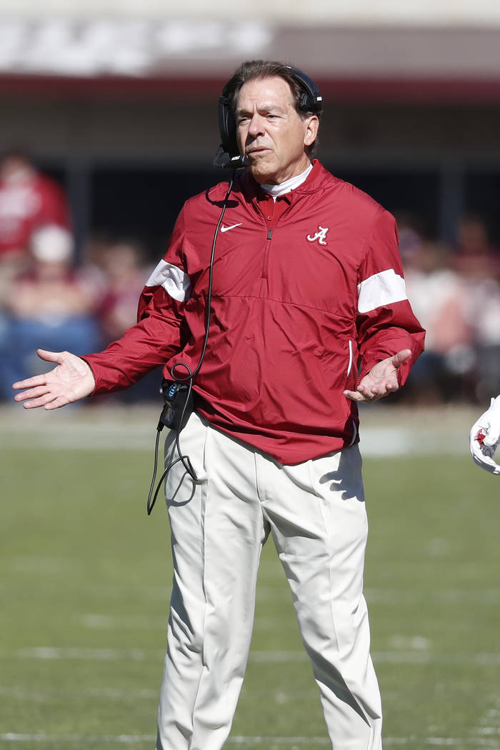 Alabama head coach Nick Saban reacts to a play during the first half of an NCAA college footbal ...