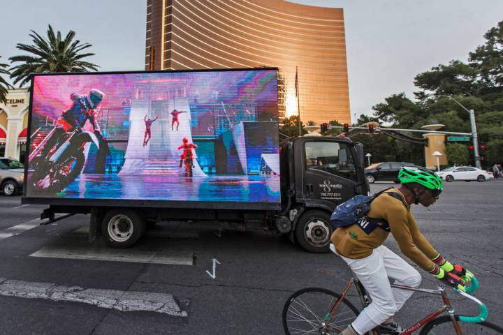 A mobile billboard truck drives on the Strip at on Saturday, Nov. 30, 2019, in Las Vegas. (Benj ...