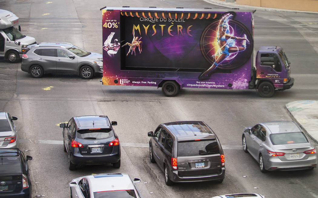 A mobile billboard truck drives on the Strip at on Saturday, Nov. 30, 2019, in Las Vegas. (Benj ...