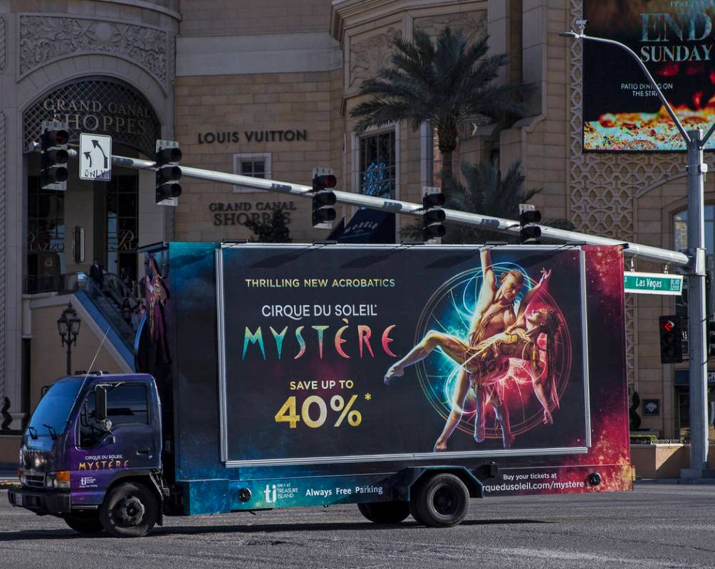 A mobile billboard truck drives on the Strip at on Saturday, Nov. 30, 2019, in Las Vegas. (Benj ...