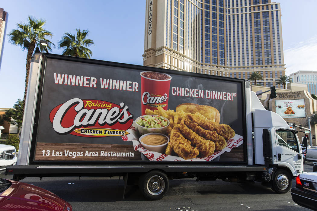 A mobile billboard truck drives on the Strip at on Saturday, Nov. 30, 2019, in Las Vegas. (Benj ...