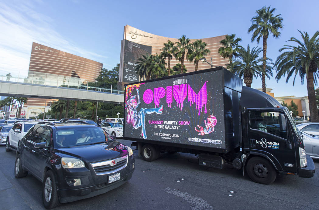 A mobile billboard truck drives on the Strip at on Saturday, Nov. 30, 2019, in Las Vegas. (Benj ...