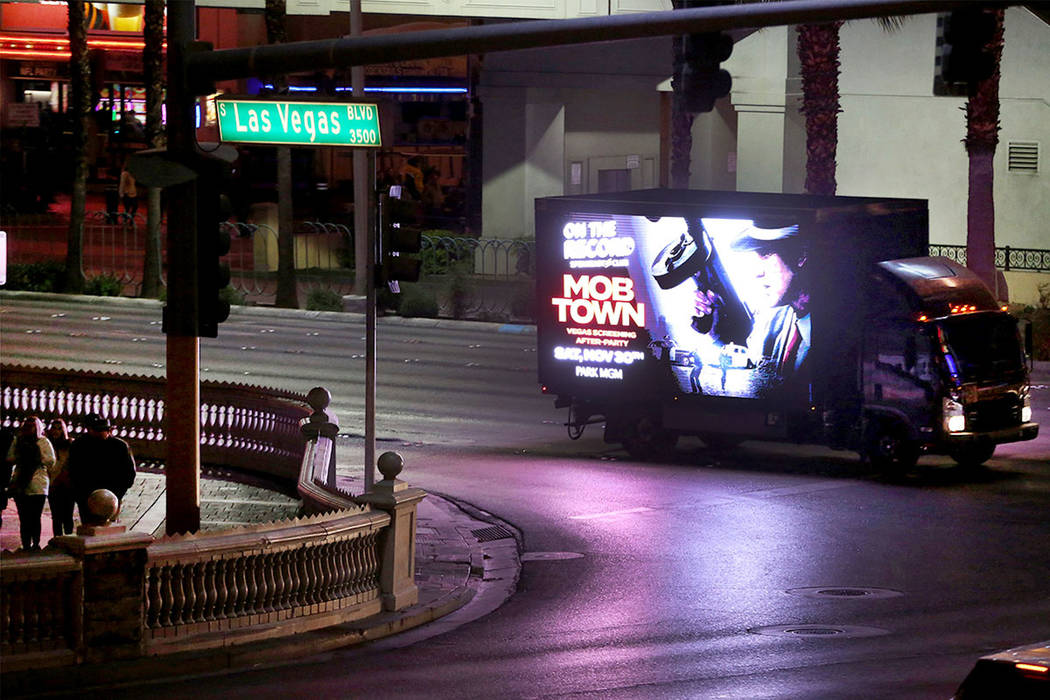 A mobile billboard on the Strip near Flamingo Road in Las Vegas, Monday, Nov. 25, 2019. (Erik V ...