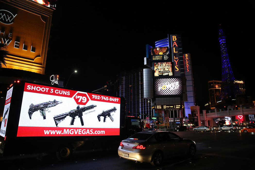 A mobile billboard on the Strip near Flamingo Road in Las Vegas, Monday, Nov. 25, 2019. (Erik V ...
